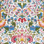 A floral Arts and Craft pattern featuring pink flowers and blue and green leaves on a white background.