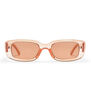 A pair of peach coloured sunglasses with a transparent frame.