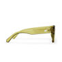 The side of a pair of boxy sunglasses with green frame and lenses.