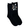 Black socks embellished with white rhinestones of various shapes.
