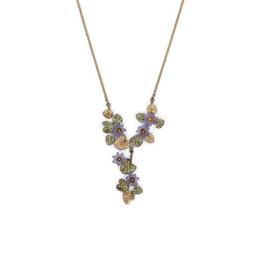Glass and hand painted bronze necklace featuring a waterlily design
