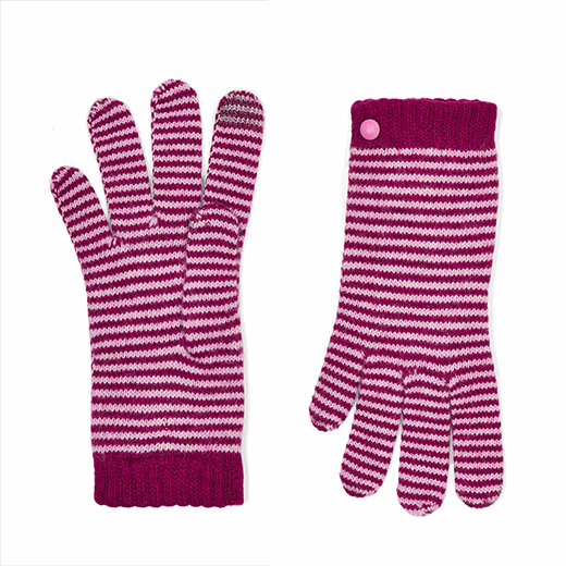 A pair of gloves with a fuchsia and light pink srtiped pattern.