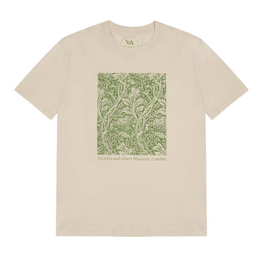 Cotton light beigne t-shirt with a green print of Arcadia May Morris' pattern design 