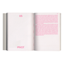 A book spread with pink text.