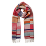 A colourful woollen scarf, wrapped and photographed against a white background.