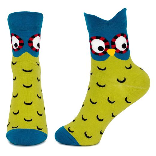 A pair of socks featuring a cartoonish owl print. 
