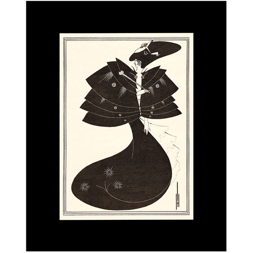 A black and white print featuring a woman wearing a wide black dress.
