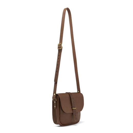 Brown leather oak-embossed saddle bag