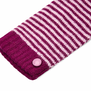A detail shot of a striped pink glove.