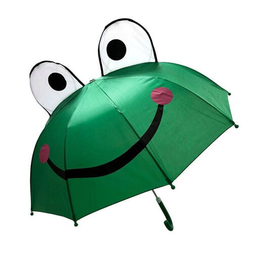 A kids umbrella featuring a green frog with pop up eyes.