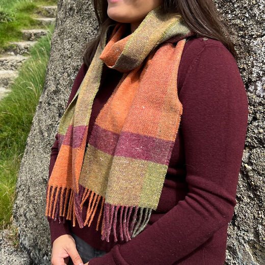 Orange and lime plaid recycled merino wool scarf