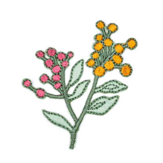 An embroidery patch in the shape of a green brunch with yellow and pink buds.