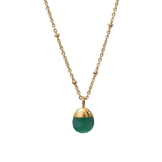 Pebble green pendant descending from a gold chain necklace.