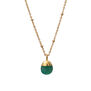 Pebble green pendant descending from a gold chain necklace.