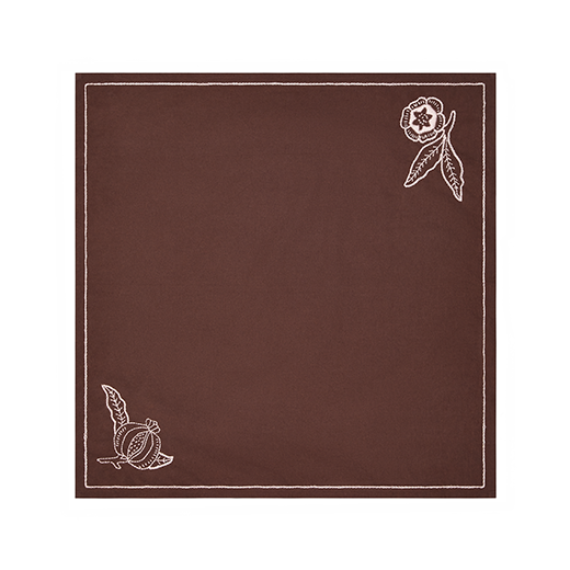 Brown square cotton napkin with white embroidered details.