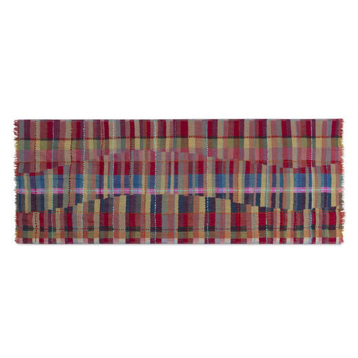 Multicoloured embroidered checked wool scarf