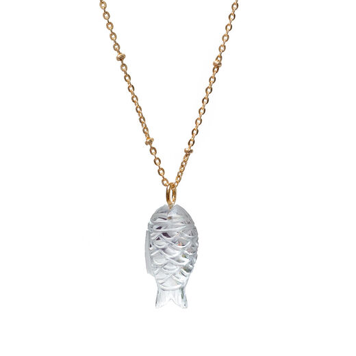Gold chain necklace with a clear crystal fish shaped pendant.