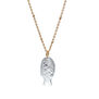 Gold chain necklace with a clear crystal fish shaped pendant.
