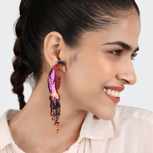 Peacock beadwork earrings by Olivia Dar
