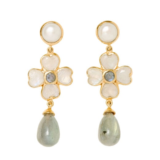 Moonstone, green amethyst and pearl flower earrings by Carousel Jewels