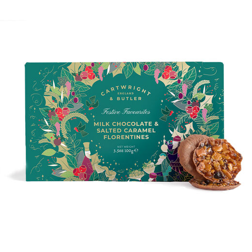 100g box of Milk chocolate and salted caramel florentines