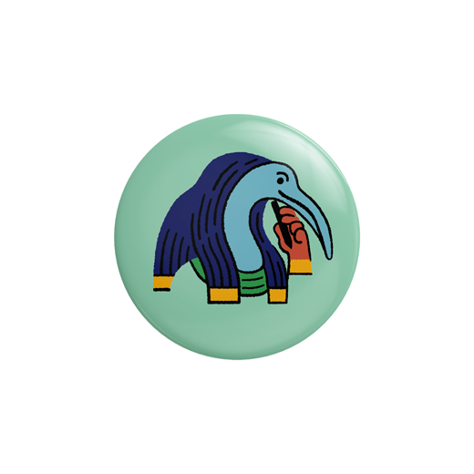 A green button badge featuring a cartoonish illustration of the Egyptian god Thoth.