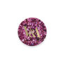 Round pin badge featuring a pink glitter pattern and the V&A logo in gold characters.