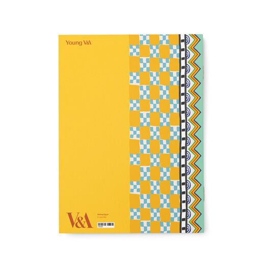 The back cover of a yellow sketchbook featuring geometric colourful patterns.
