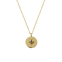 A gold chain necklace with a round gold pendant.