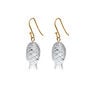 A pair of gold hook earrings featuring a clear crystal stone carved in the shape of a fish.