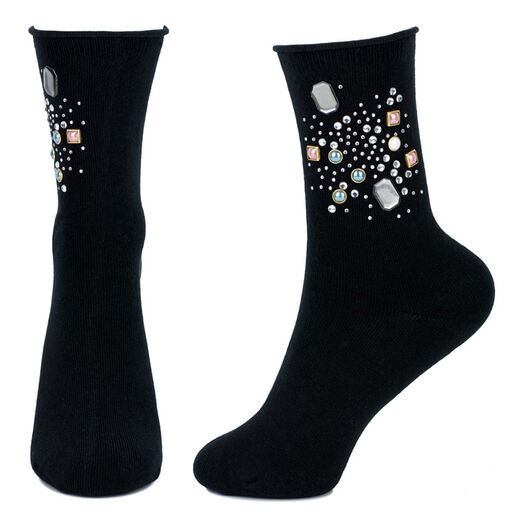 A pair of black socks with white rhinestones.