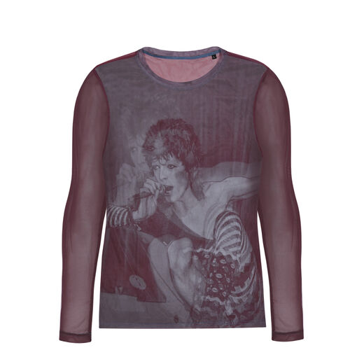 Lightweight unisex mesh top featuring a photos of David Bowie on stage.