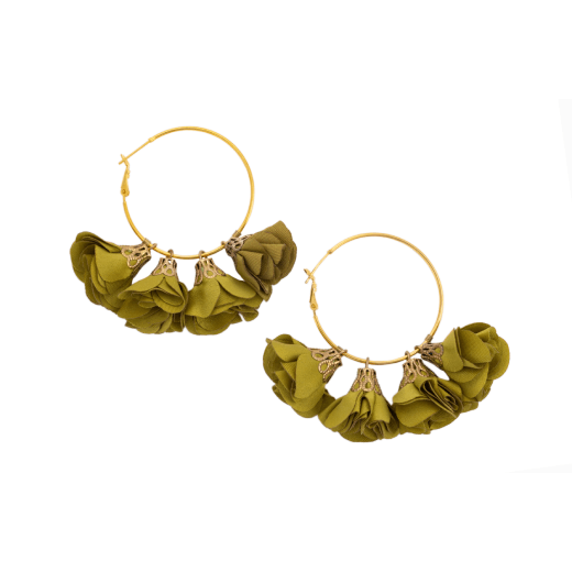 A pair of hoop earrings, each featuring an array of green fabric rosettes.
