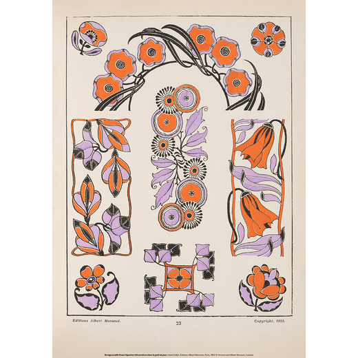 A print with yellow and lilac flowers on a cream background.