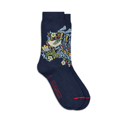 Blue cotton socks with a pattern from William Morris Strawberry Thief printed on the ankle part