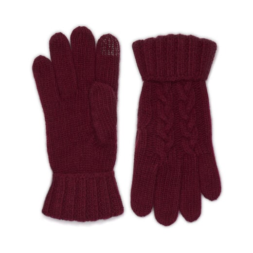 Men's burgundy cable knit cashmere merino gloves