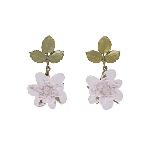 Delicate drop earrings featuring a blushing rose bud and leaves