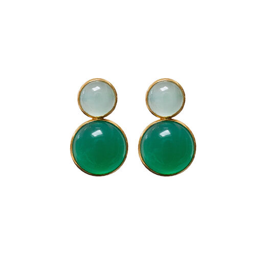 A pair of earrings featuring two round green stones.