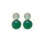 A pair of earrings featuring two round green stones.