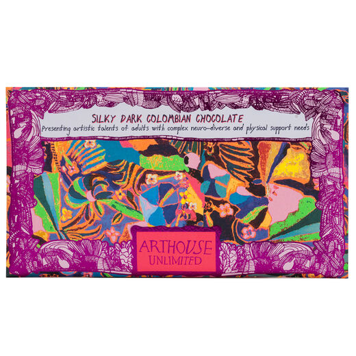 Dark chocolate by ARTHOUSE Unlimited. Wrapped in gold paper decorated with colourful text based artworks.