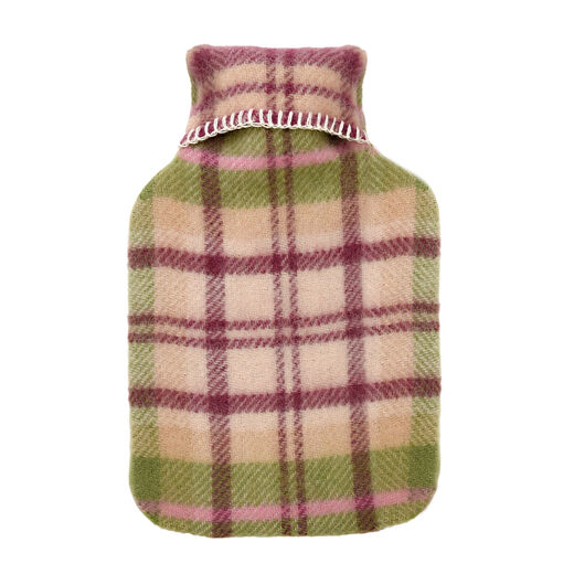 Pink and green check wool hot water bottle cover