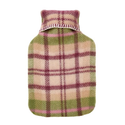 Pink and green check wool hot water bottle cover