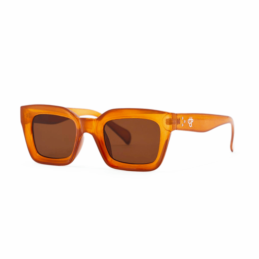 Chunky brown sunglasses, seen from the side.