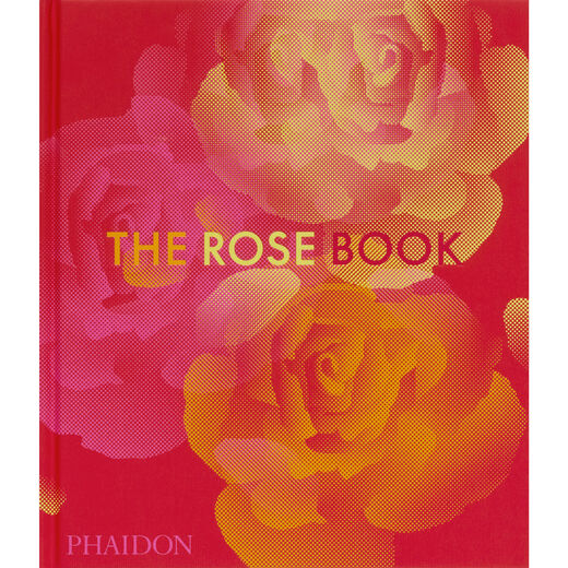 Hardback cover of The Rose Book, with a red, pink and orange print design inspired by the flower.