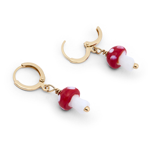 A pair of earrings, each with a red and white mushroom pendant. One of the two earrings' clasp is shown open.