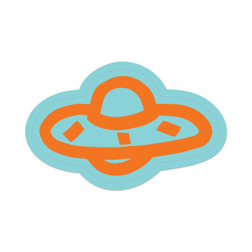 An orange and blue sticker shaped as a doodle UFO spaceship.
