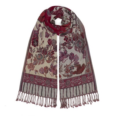 Cream and red floral wool blend scarf