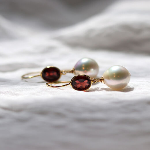 Garnet and pearl hook earrings by Mounir