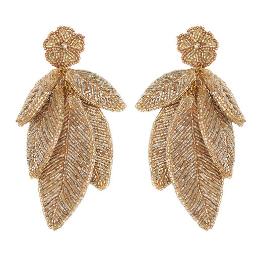 Gold leaves beadwork earrings by Olivia Dar
