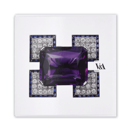 A square white greetings card featuring a Cartier brooch made with a large rectangular amethyst mounted in diamonds
